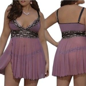 NWOT 2pcs Lilac Purple Lace Babydoll with Matching Panties, Size Large